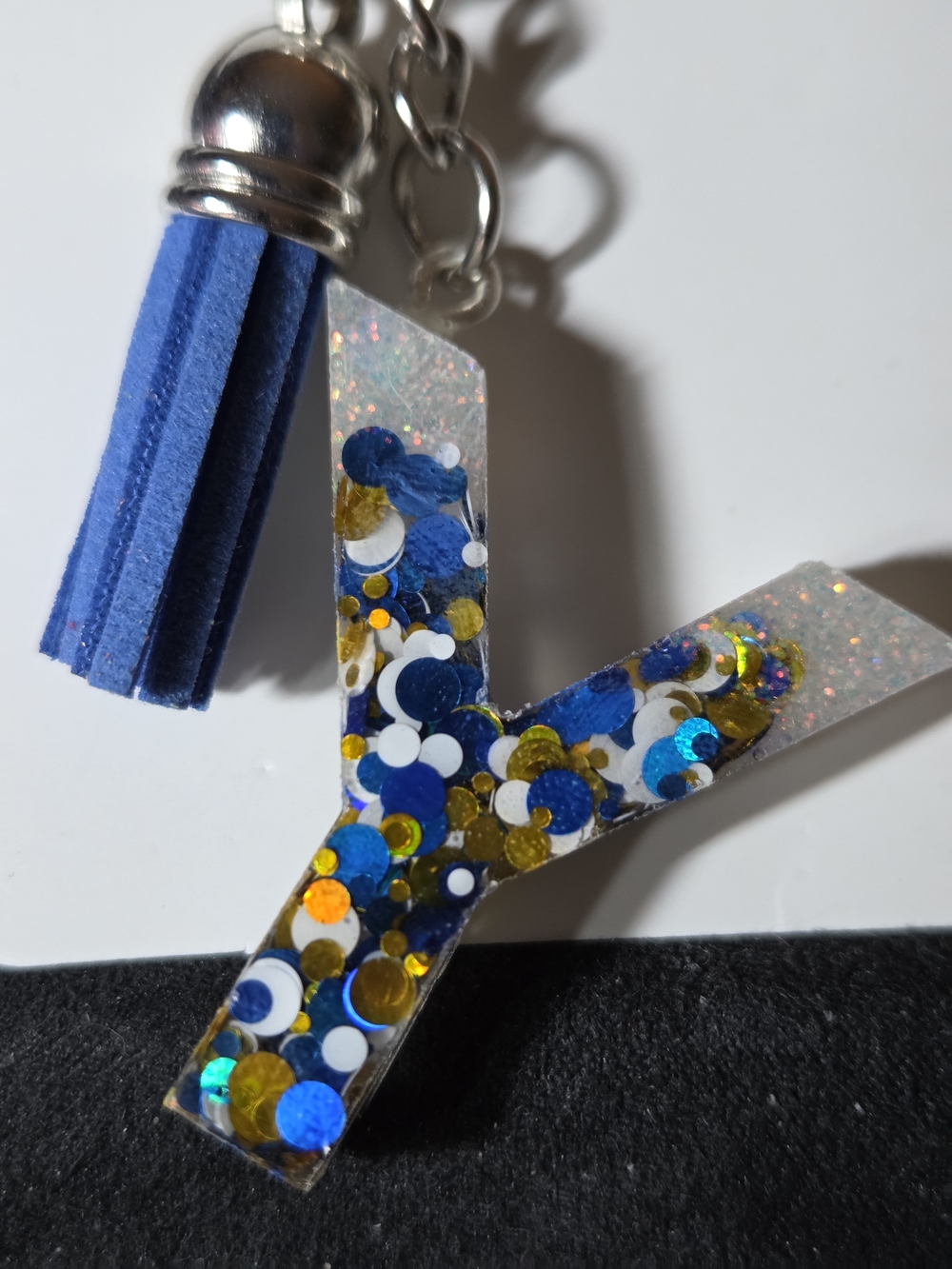 Blue Confetti Letter Y Keychain with Tassel